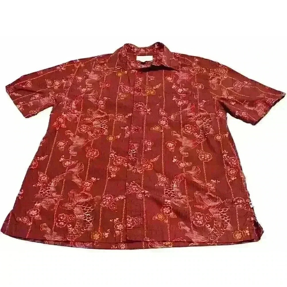 Island Shores Hawaiian Shirt Red Coy Fish Men Medium Floral Short Sleeve - Picture 1 of 7